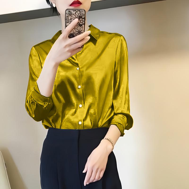 Allround-Satin-Finish-Hemden und Blusen Damenbekleidung Lässiges Oberteil OL Langarm Knopf Elegant Hemden Französisch Einfarbige Blusen