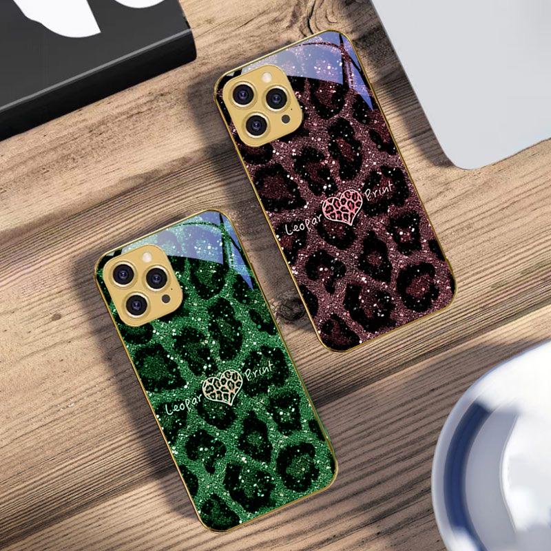 Leopard Spotted Love Green For IPhone 16 Pro Max 15 P Ro 14 13 Plus 12 Mini 11Pro Max XS Max XR Golden Tempered Glass Phone Case