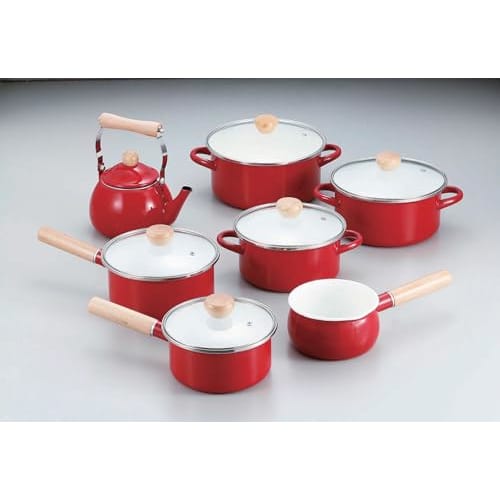 PEARL METAL HB-4880 16cm Enamel Saucepan with Glass Lid, Red, Induction Compatible