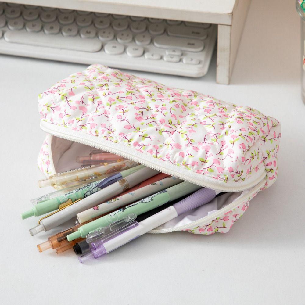 Floral Design Pencil Case Polyester Stationery Organizer Floral Quilted Pen Bag Students Gift