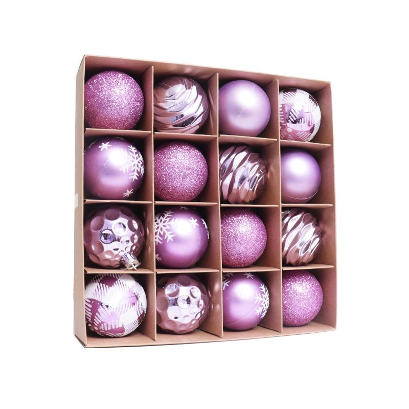 6cm Electroplated Pink Christmas Ball Ornaments - 16 Piece Set with Snowflakes