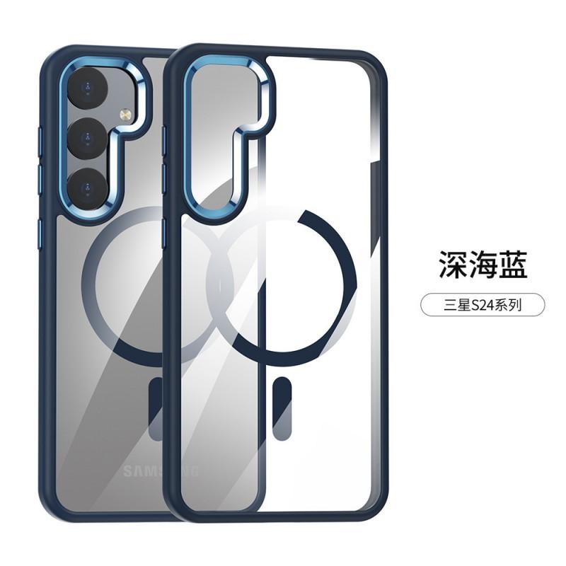 Magnetic Snap-On Phone Case Galaxy S24 Ultra Plus TPU Bumper With Metal Camera Ring Transparent Hard PC Back