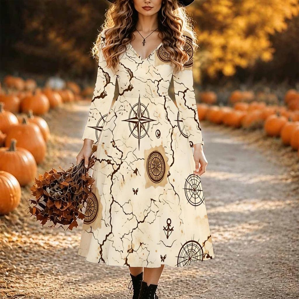 Halloween Women's Skeleton Halloween Print Midi Dress A Line Dress Vacation Casual Daily Regular Fit Long Sleeve V Neck Black Spring Fall