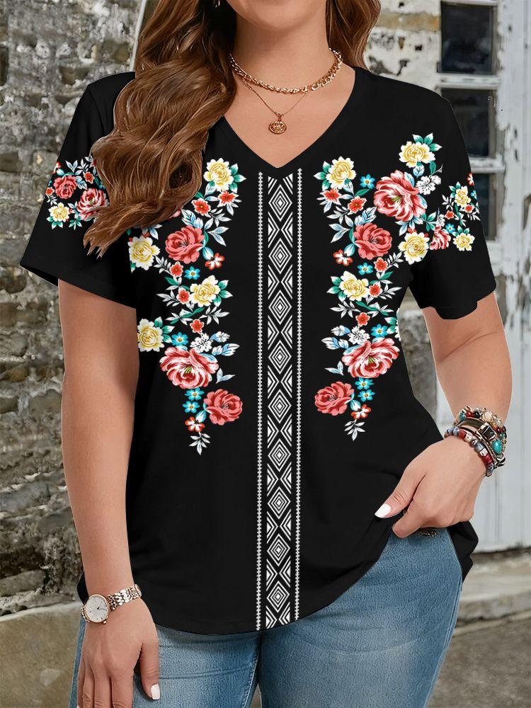 Ethnische Stil Blumen T-Shirts 3D Druck Sommer Damen V-Ausschnitt Kurzarm T-Shirt Y2k Harajuku Tees Lässige Oberteile Damenbekleidung