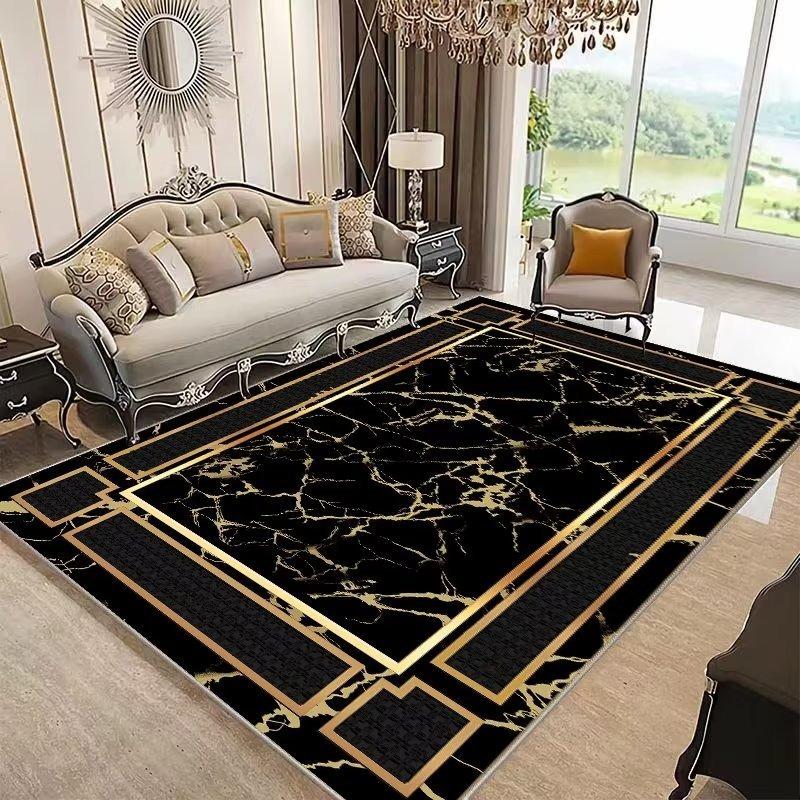 Luxury Marble Carpet with Gold Edging, Anti Slip Carpet Geometric Pattern Mat Living Room Bedroom High-end Home Decoration