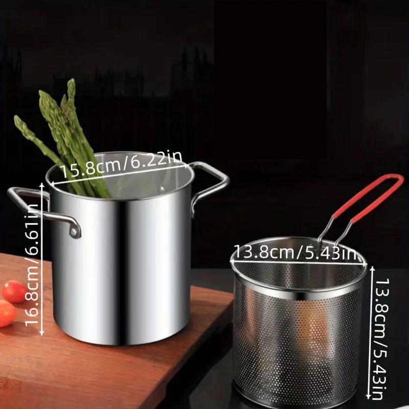 304 Stainless Steel Deep Fryer with Wooden Handle and Filter Basket for Induction Cooker
