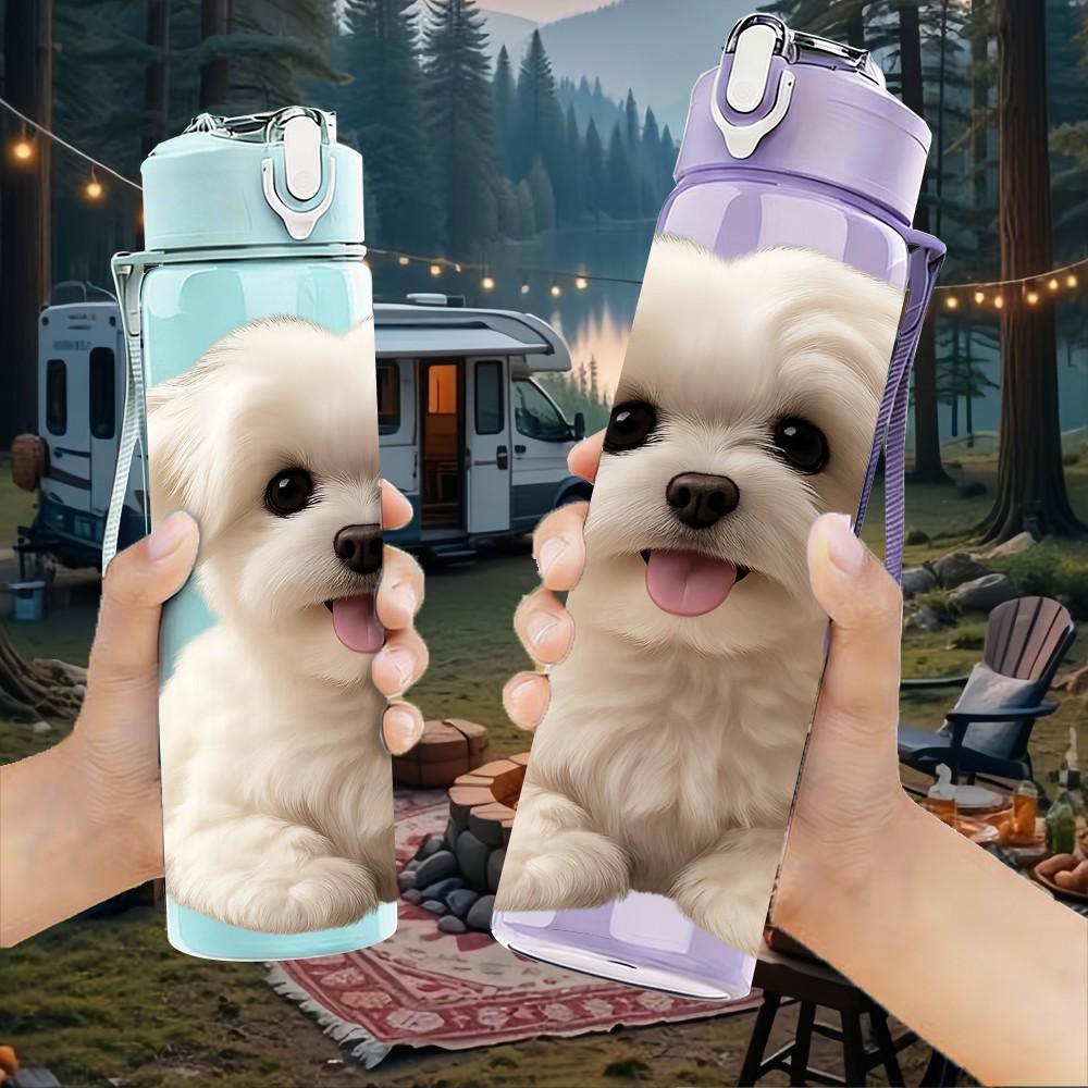 1PC White Fluffy Bichon Puppy 750ml Color Plastic Sports Water Bottle Leakproof Flip Straw Lid Suitable for Sports Office Home Use