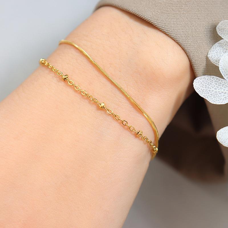 Delicate Double-layer Snake Bone Chain and Exquisite Beaded Bracelet 18K Gold Plated Stainless Steel