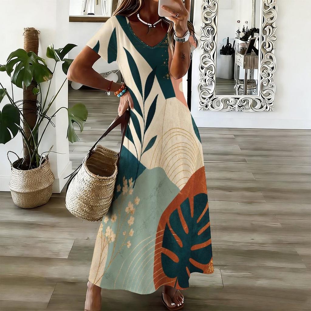Women Plus Size V Neck Short Sleeve Printed Straight Long Dress