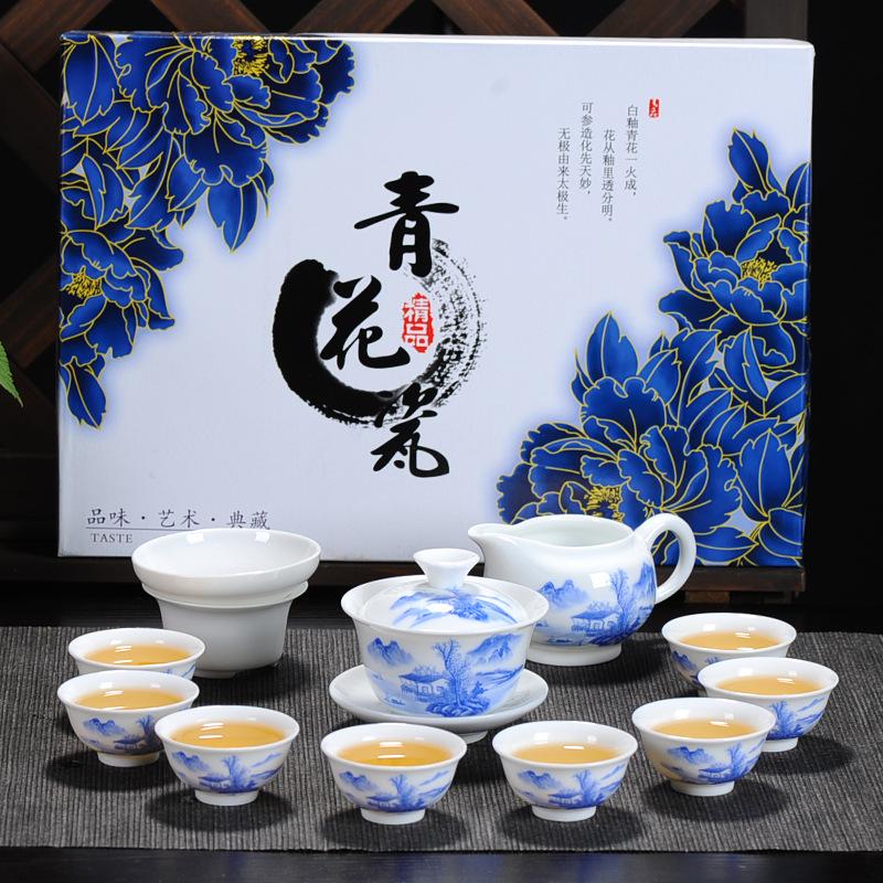 Kung Fu čajová souprava keramický čajový šálek bílý porcelán celá sada modrobílý čajový šálek víčko miska čajová souprava