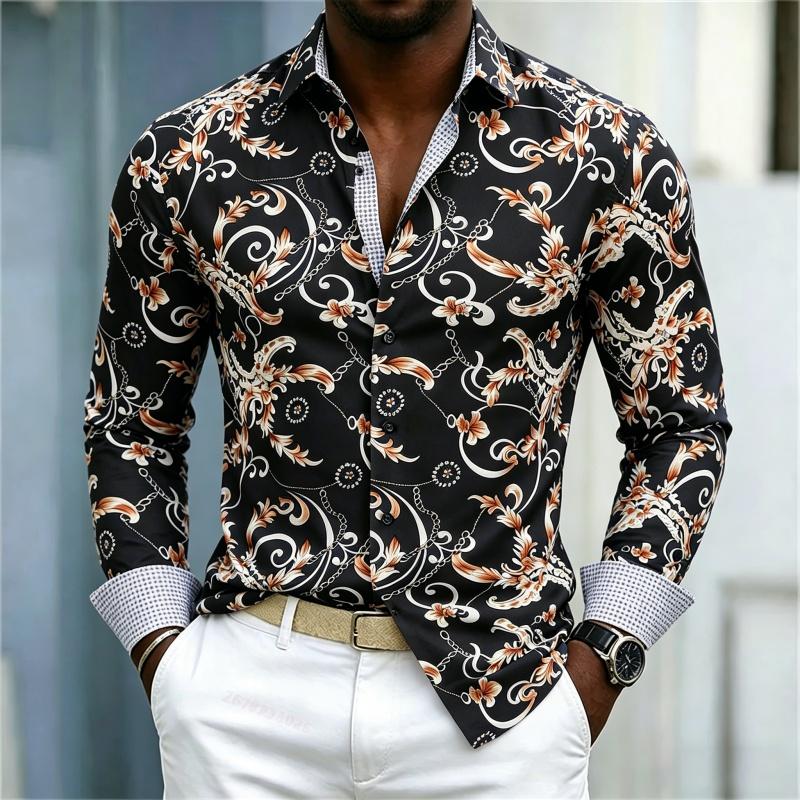 2026 Men's Shirt Palace Style Men's Shirt Blue Bottom Gold Brown Vine Chain Full Print Flip Collar Casual Long Sleeve Shirt