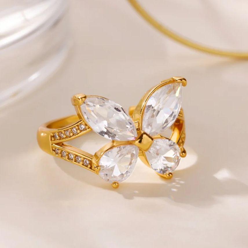 Fashion Zircon Butterfly Rings For Women Gold Color Stainless Steel Butterfly Ring Wedding Christmas Hypoallergenic Jewelry Gift