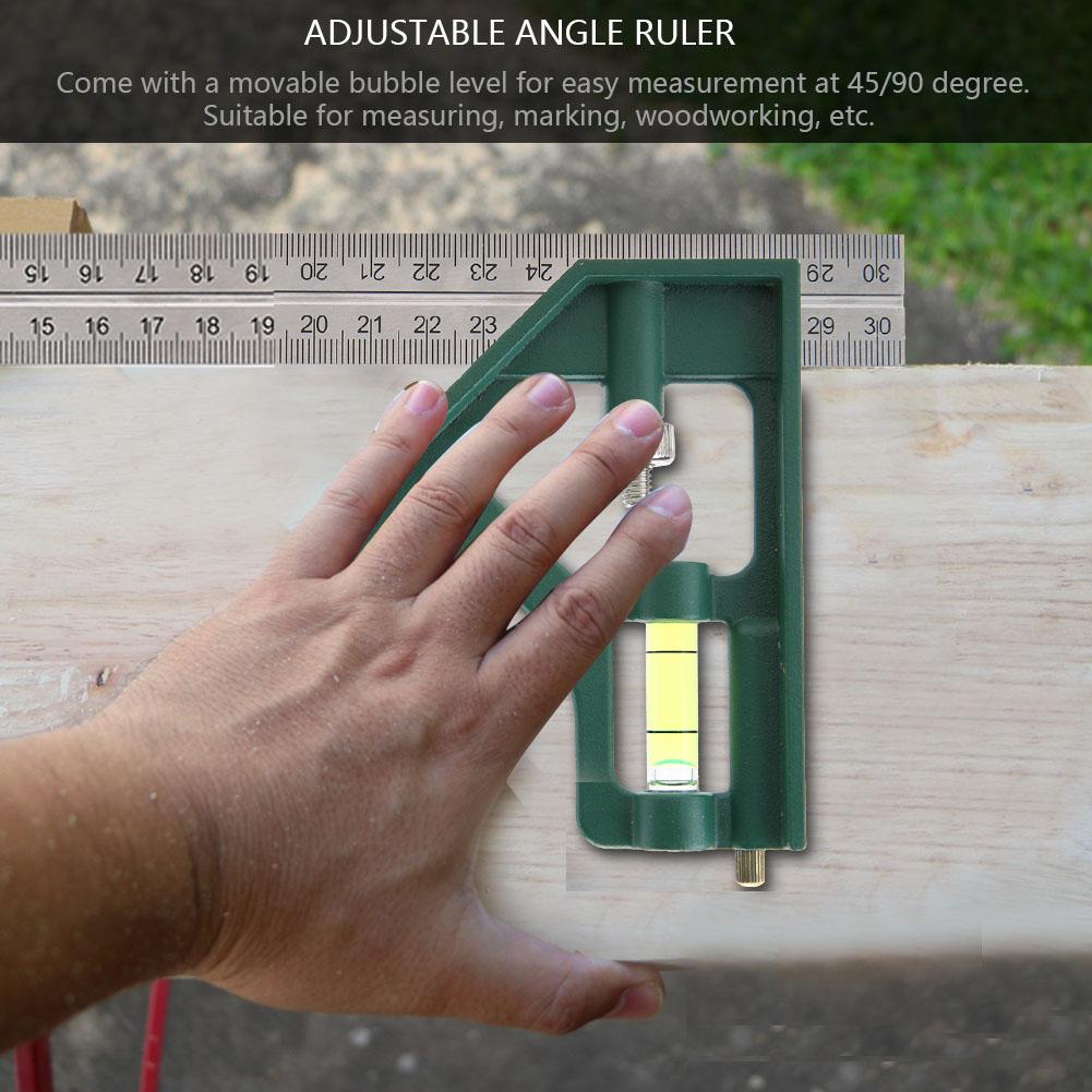 300mm Adjustable Stainless Steel Square Angle Ruler 4590 Degree with Bubble Level