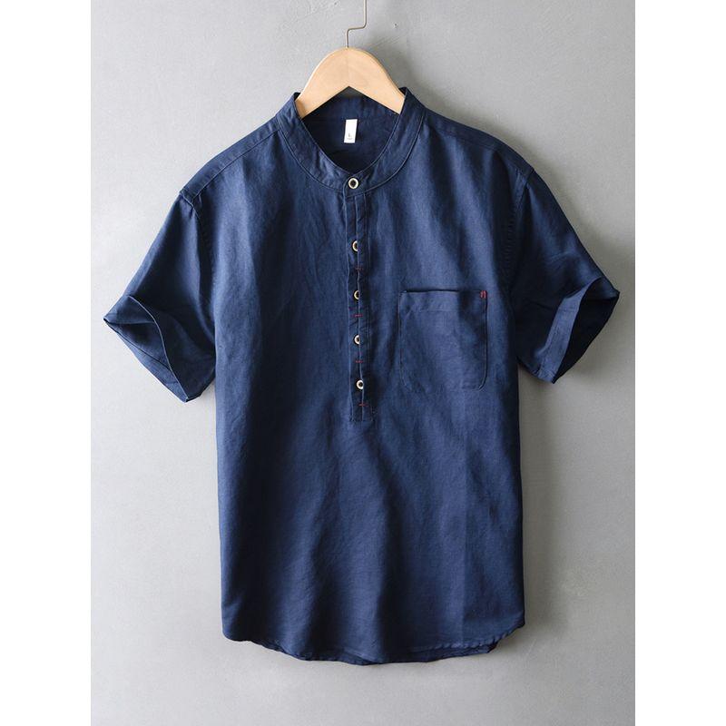 Summer Chinese Style Japan fashion Retro Stand Collar Linen Shirts Men's New Chinese Cotton Linen Short sleeve Shirt T-shirt Thin
