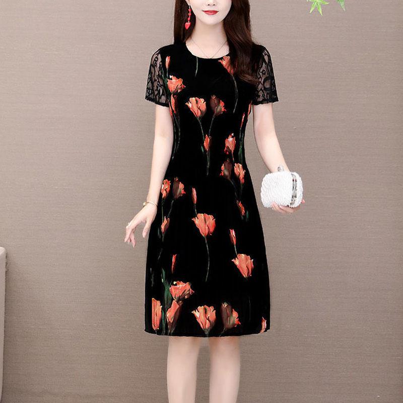 Elegant Floral Printed Midi Dress Summer Short Sleeve Stylish Lace Spliced Slim Women's Clothing A-Line Waist Vintage Dresses