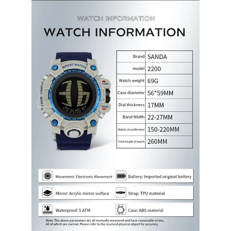 SANDA Luxury Men's Electronic Digital Watch Outdoor Sports Waterproof Countdown Men's Electronic Watch Alarm Clock