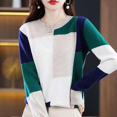 New Autumn and Winter Color-blocking Round Neck Sweater for Women, Fashionable and Versatile Warm Cashmere Sweater Soft and Comfortable Base Shirt