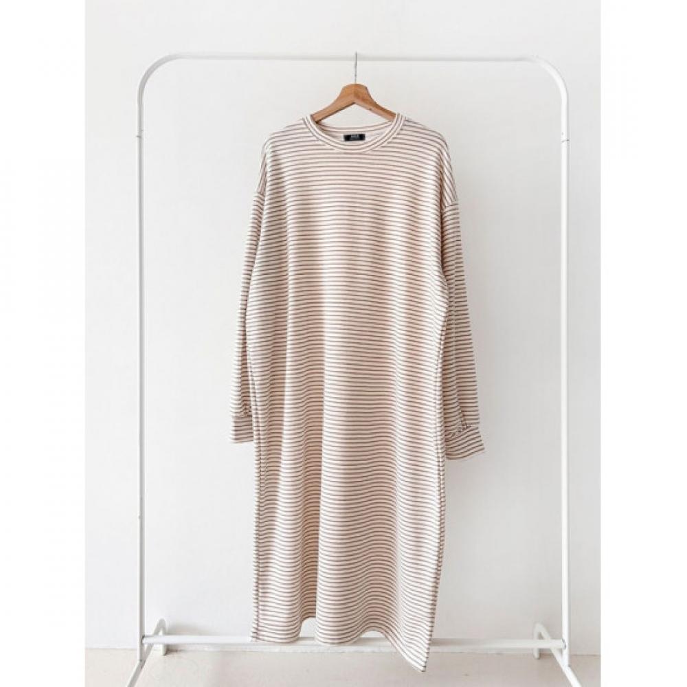 Shop Women S Korean Made Round Boxy Striped Long dreSS Dark Beige Ara Wdr 4950