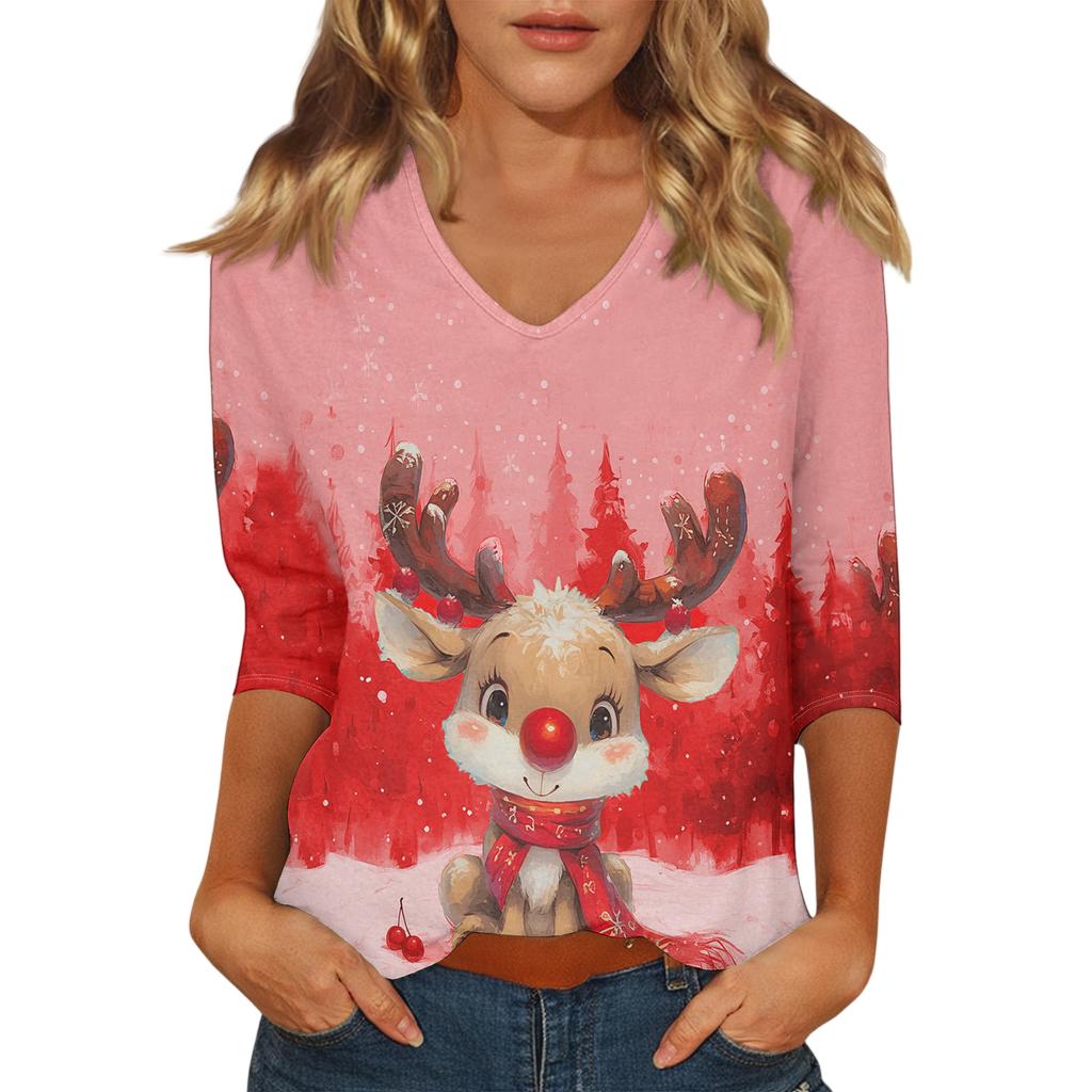Dámský vánoční potištěný módní ležérní top se sedmiosminovými rukávy a výstřihem do V