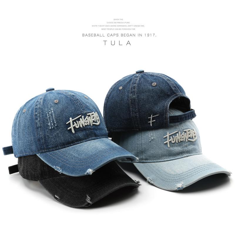 Retro washed denim baseball cap with letter embroidery, suitable for outdoor activities, travel, and sun protection