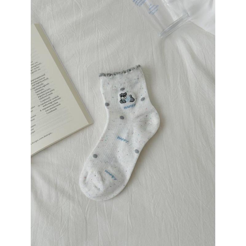 Sock Children's Summer Embroidery Dog Mid-length Socks, Cute Fabric Label, School-style Striped Pile Socks