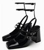 Fashion Luxury Designer Women's Sandals Sexy Ankle Strap Buckle Square Toe Chunky High Heels Black Summer Black Elegant Slingback Pumps