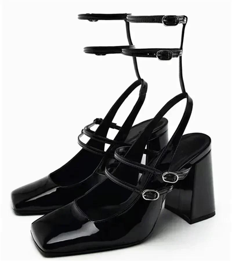 Fashion Luxury Designer Women's Sandals Sexy Ankle Strap Buckle Square Toe Chunky High Heels Black Summer Black Elegant Slingback Pumps