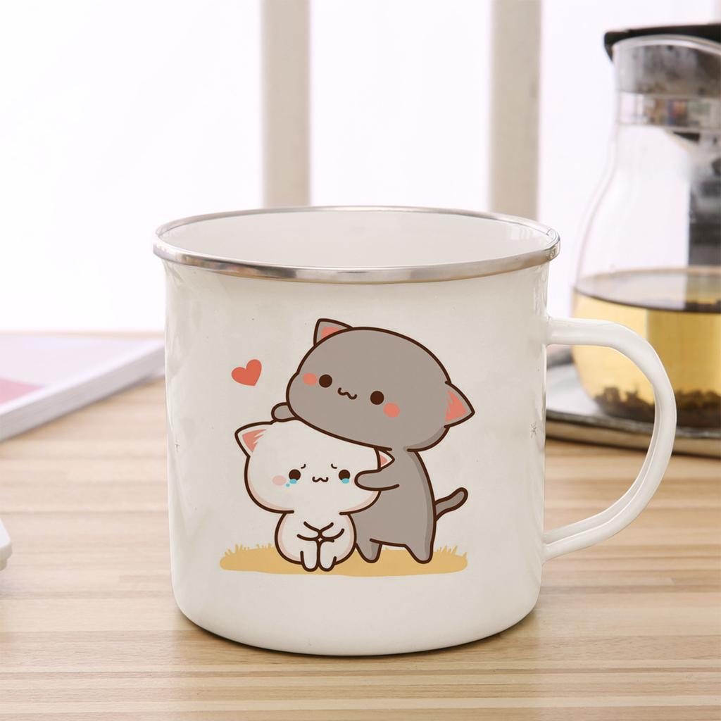 Peach and Goma Cat Enamel Coffee Tea Cup Cute Animal Breakfast Dessert Milk Water Cup Couple Gift