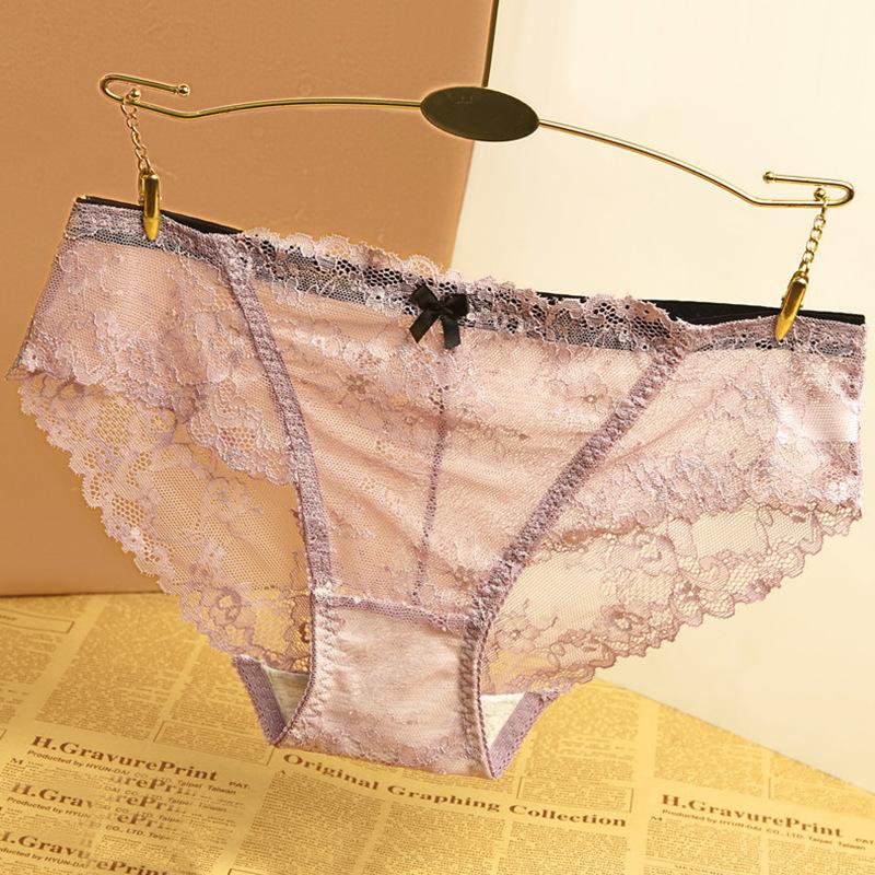 Women's Lace Mesh Underwear Transparent Seamless Low Waist Cotton Crotch Hollowed Out Underwear
