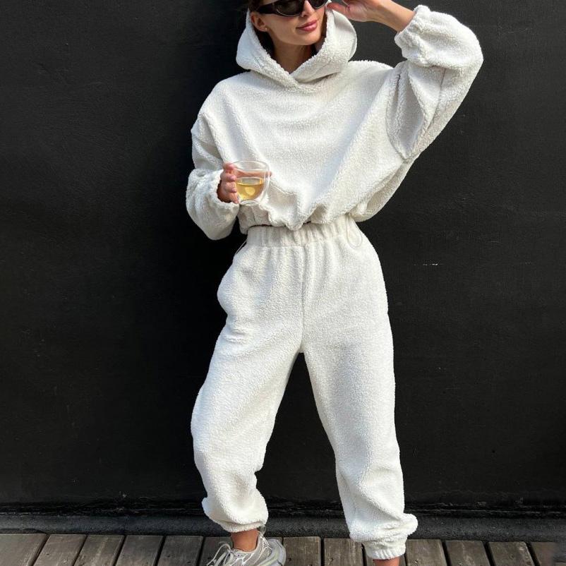 Women Solid Color Long Sleeve Hooded Hoodies Suit Autumn Winter Loose Top Wide Leg Pants