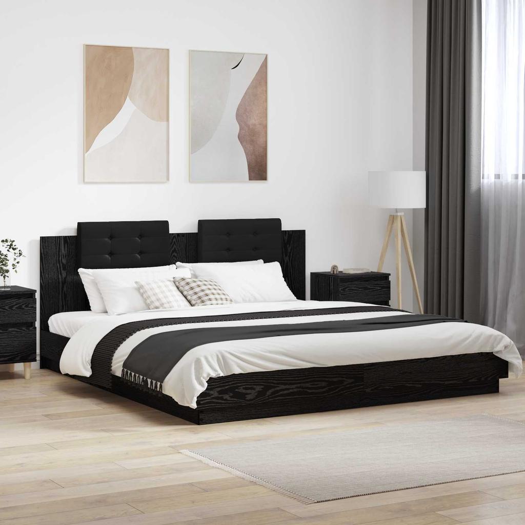 Bed Frame with Headboard Black Oak Effect 200 x 200 cm