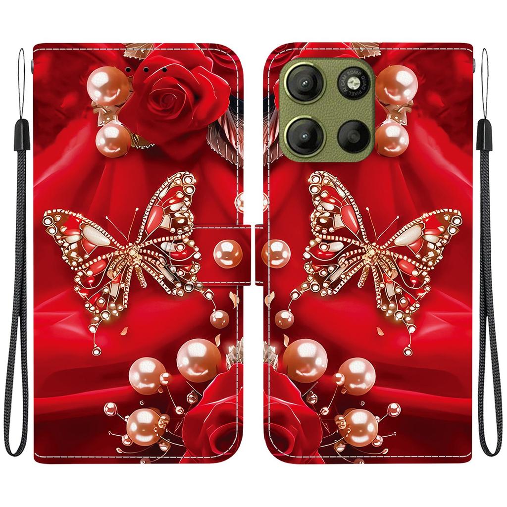 Ručně vyráběné PU kožené flipové pouzdro pro Motorola Moto G15 Protiskluzový nárazuvzdorný kryt s poutkem na zápěstí a designy srdce/růže/kočky