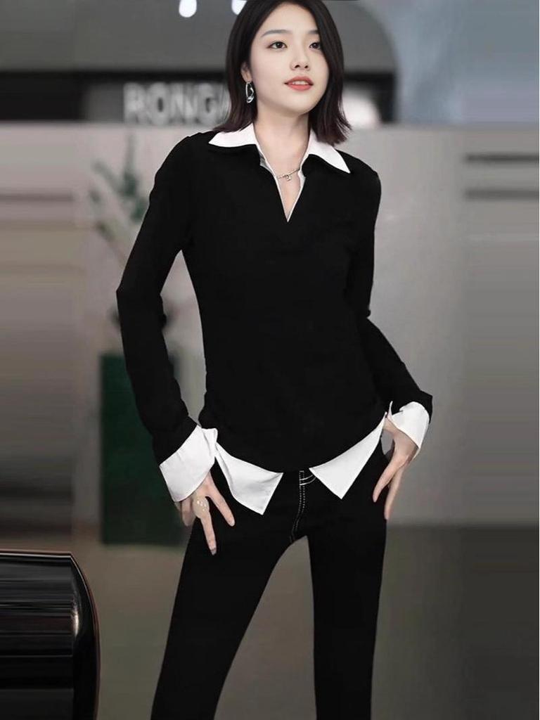 2026 Spring Fashion Korean Color-Block Patchwork Two-Piece Long Sleeve Women's Shirt