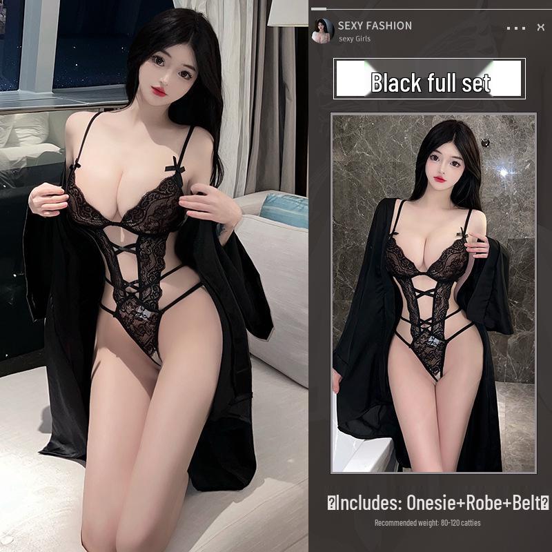 Seductive Lace Bodysuit & Nightgown Set: Tempting Hollow Design