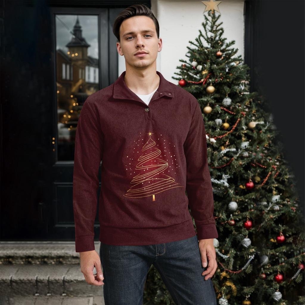 Men's Christmas Cotton Pullover Long Sleeve Outdoor Shirt Vintage Corduroy Button Stand Collar Shirt Casual Sweatshirt Christmas Print Top