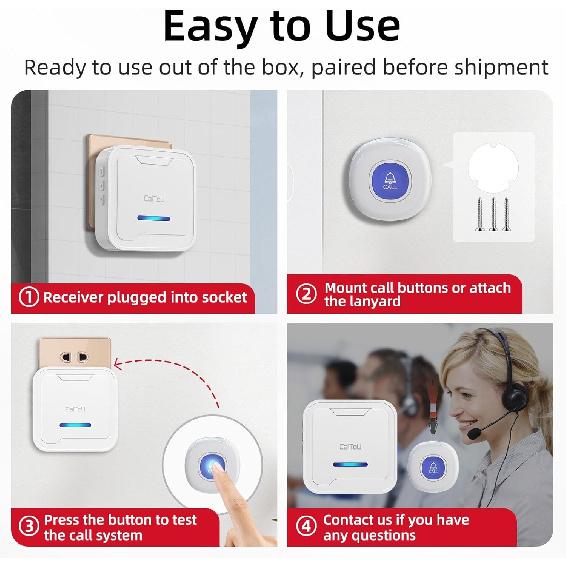 

Беспроводной пейджер для ухода CallToU, кнопка вызова, система мониторинга пожилых людей, кнопка вызова для дома/личного внимания, дальность 600 футов, 55 мелодий звонка с 2 CC29 2 call button+2 rece