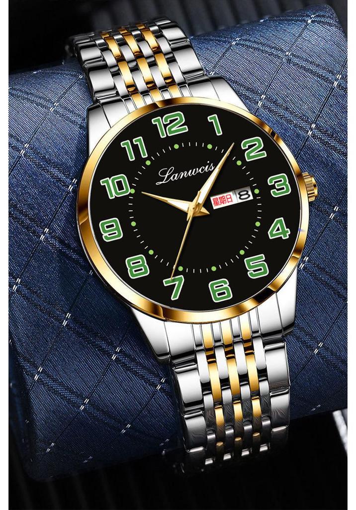 Men's Large Dial Digital Quartz Watch, Steel Band, Dual Calendar In English & Chinese, Waterproof - Ideal for Seniors