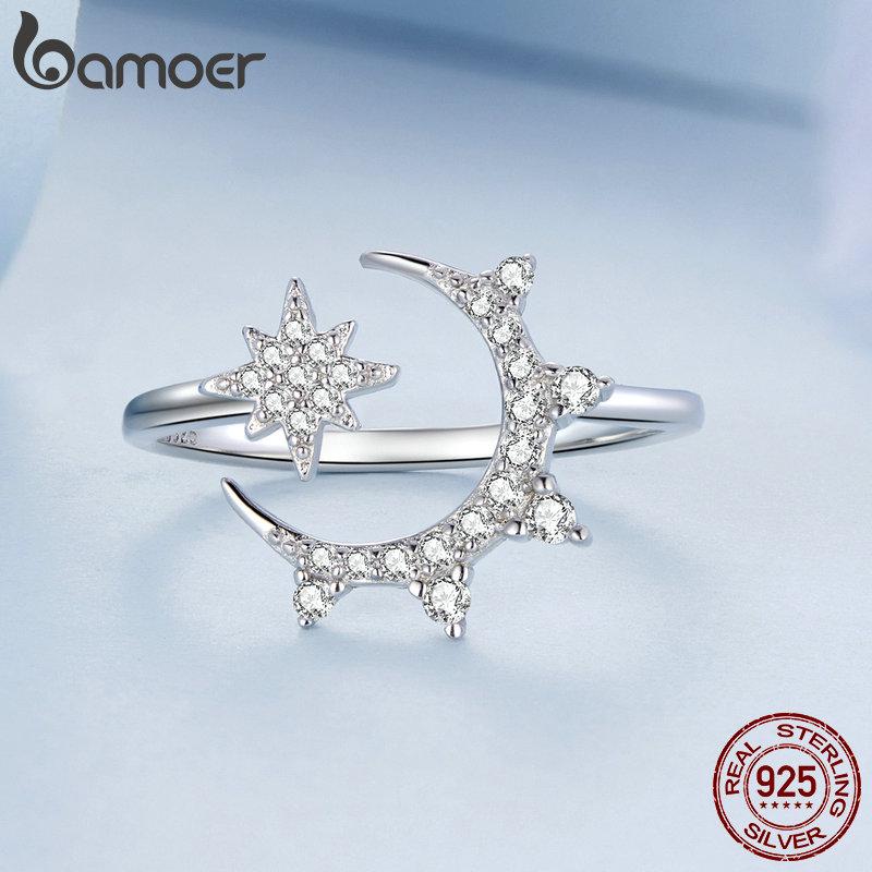 

BAMOER из стерлингового серебра 925 пробы, регулируемое кольцо со звездами и луной, открытое кольцо с CZ для женщин, подарок на годовщину 925 silver