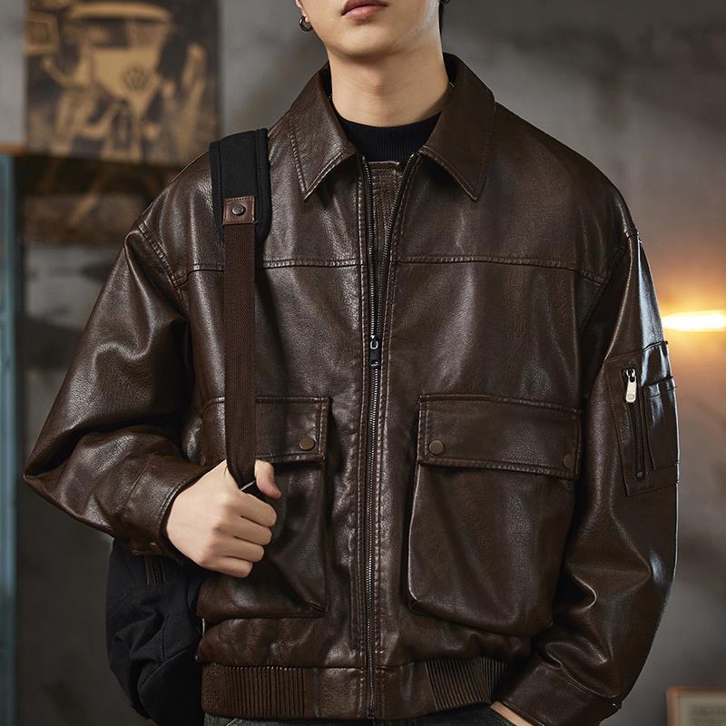 Men's High-End Retro PU Leather Motorcycle Jacket - Autumn Cool, Loose Lapel Coat