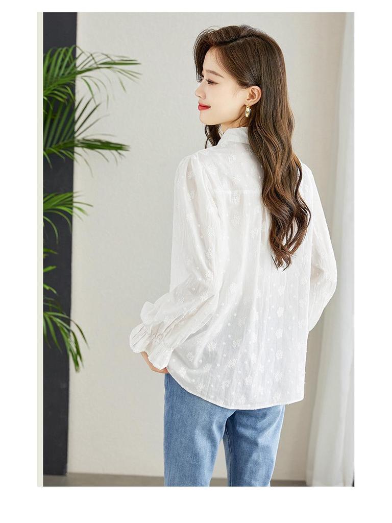 Women's Long Sleeve Pure Cotton Embroidered White Shirt - 2025 Spring Collection