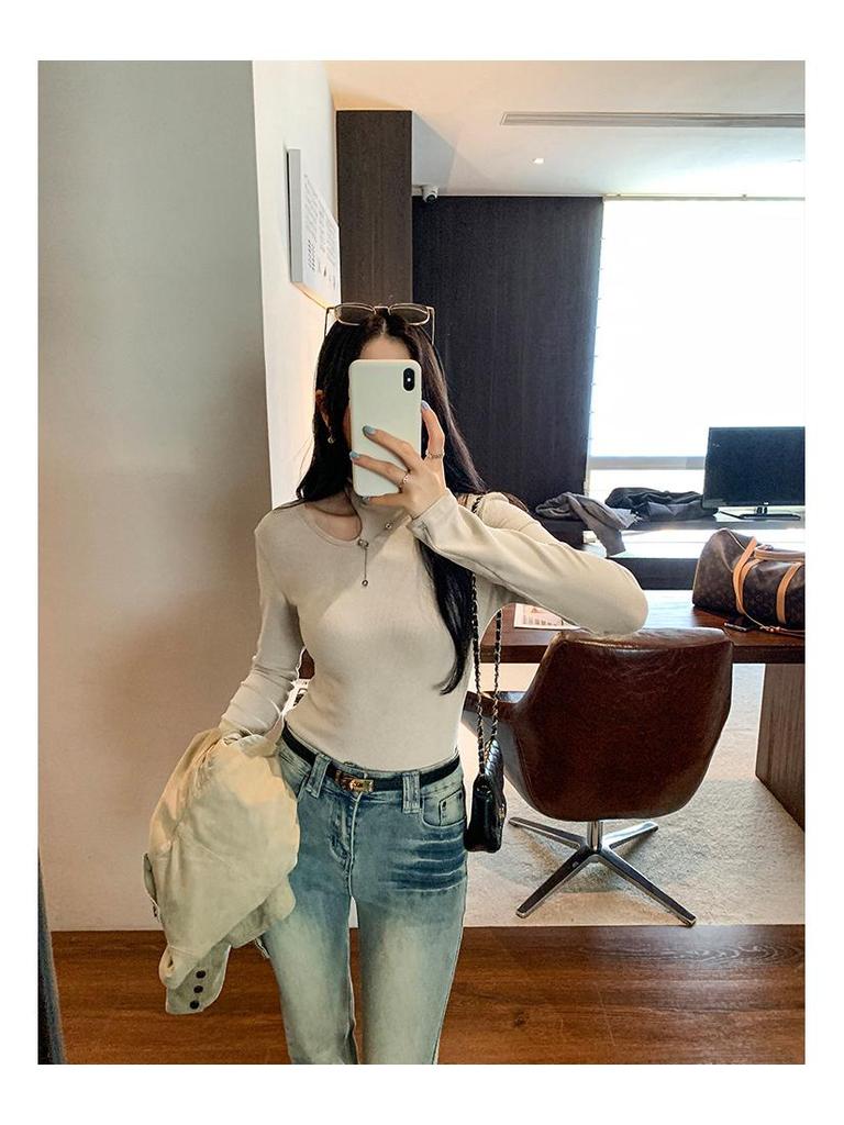 In Stock: Women's White Semi-High Neck Hollow Out Slim Fit Long Sleeve T-Shirt for Autumn/Winter 2026