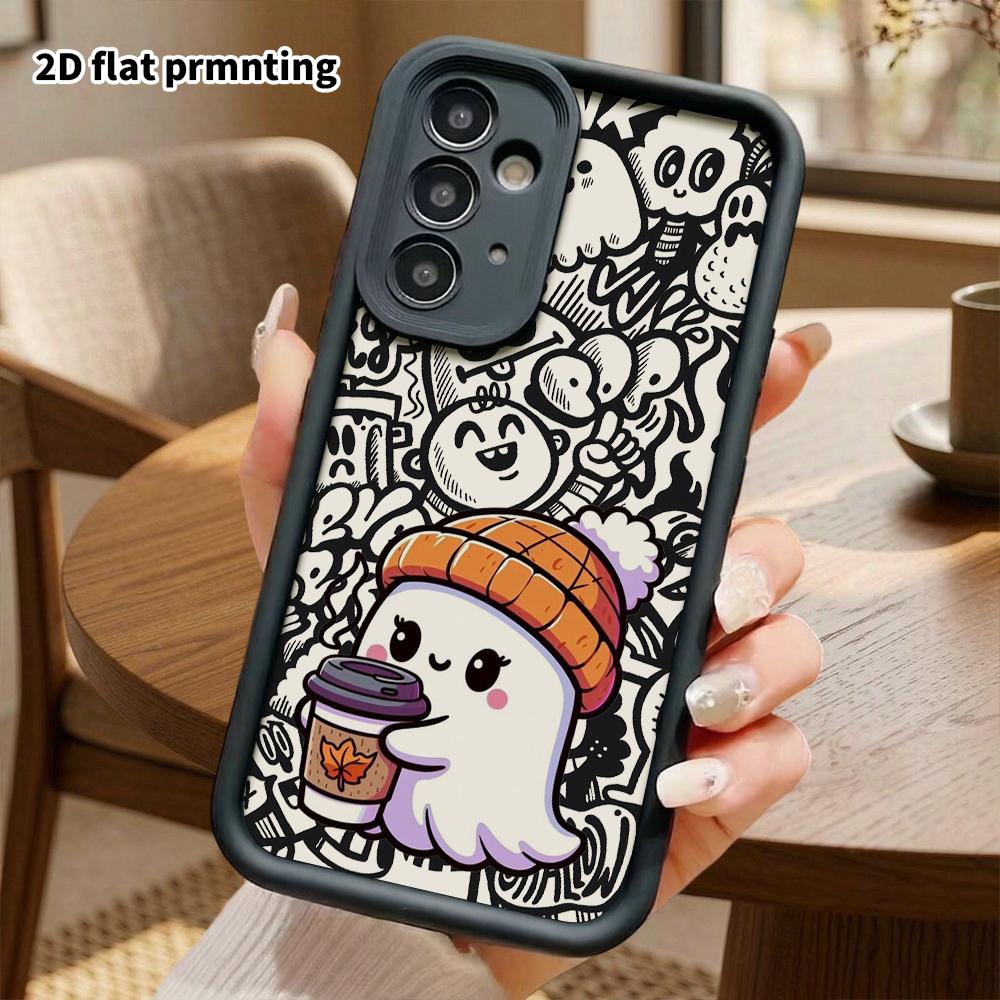 Phone Case: 2D Flat Samsung Galaxy A34 A35 M05 M06 S20 S22 S21 FE Plus 5G Protective Case, Little Coffee Ghost, Christmas and Halloween Gift