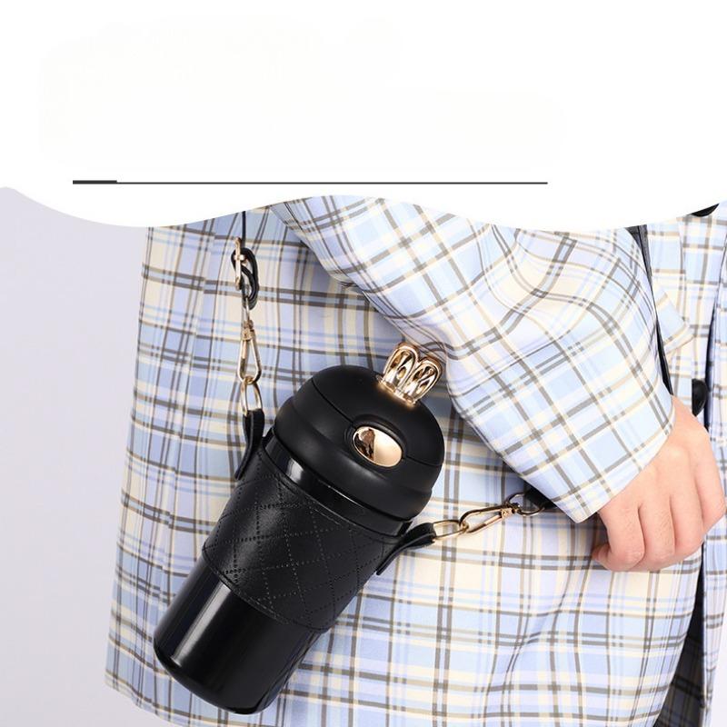 Good-looking Thermos Cup Girl Adorable Rabbit Bounce Straw Cup Portable Chain Strap Leather Case Outdoor Activity Office Water Cup