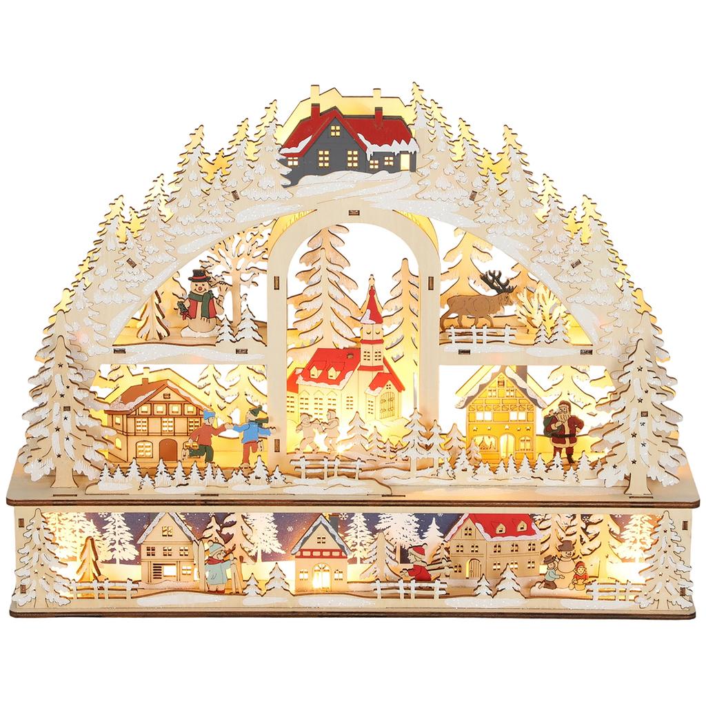 Christmas Village with LED Lighting, 45 cm Christmas Town with Snowman, Reindeer and Trees Natural Wood