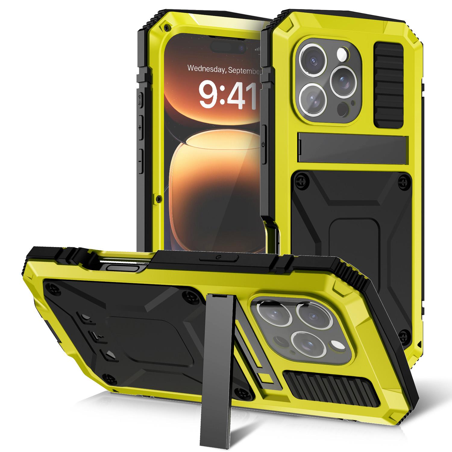 

R-JUST Чехол для iPhone 16 Pro Max PC+Силикон+Металлическая подставка Чехол для телефона с защитной пленкой из закаленного стекла Yellow