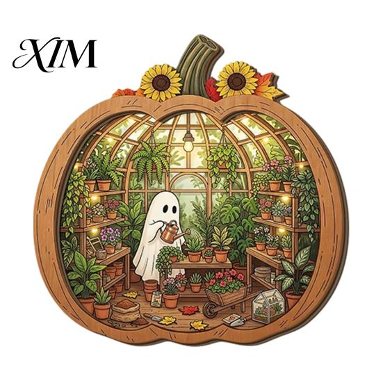 Literary Book Lover Gift Halloween Ghost Wooden Tabletop Ornament, 2D Flat Cute Reading Bathing Whimsical Nook Watering Plaque with Stand for E