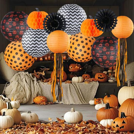 12Pcs Halloween Party Decorations Honeycomb Pumpkin Ball Lanterns Paper Fan Hanging Ornaments Indoor Outdoor Spooky Decor for Home Office Party