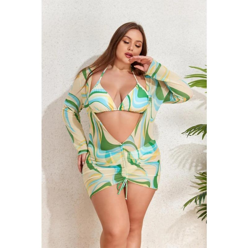 2025 Print 3 Piece Long Sleeve Smock Plus Size Push Up Bikini Women High Waist Big Swimsuit Beach Chubby Bathing Suit