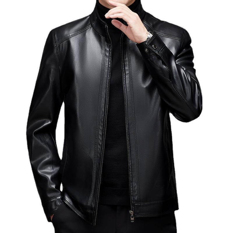 Herren-Lederjacke mit Stehkragen, neue Lederjacke für Herbst und Winter, Lederjacke in Übergröße, Plüsch- und dicker Herrenmantel mittleren Alters