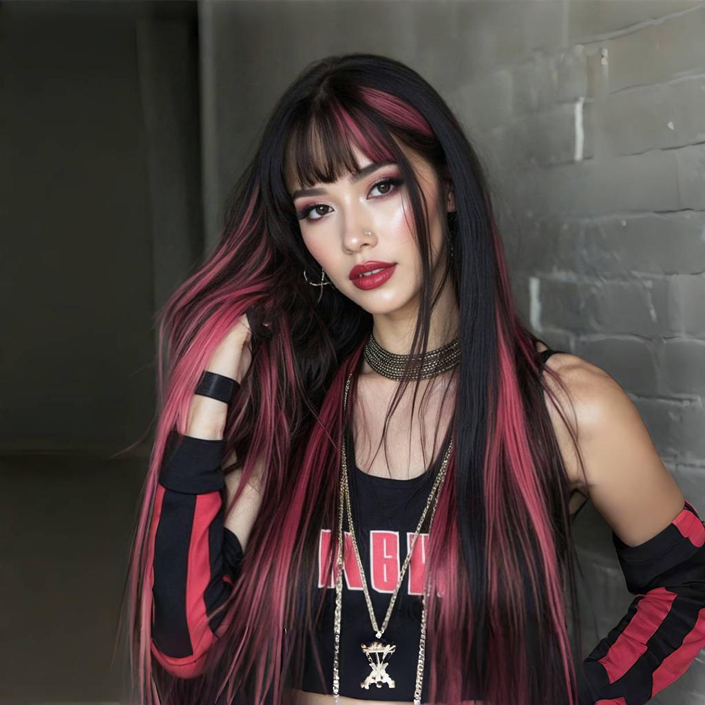 Zwarte Highlights Roze Synthetische Pruik met Pony Lange Rechte Zwarte Highlights Rode Pruik Voor Vrouwen Cosplay Feest Kerstpruik 26inch